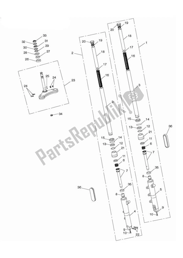 All parts for the Front Forks & Lower Yoke of the Triumph Thunderbird 1700 2010 - 2014