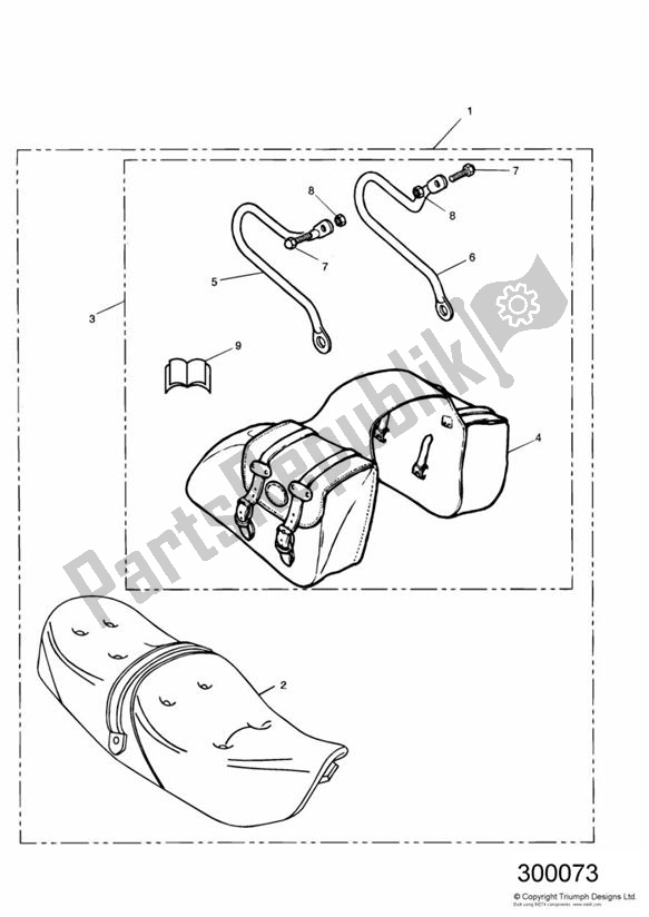 All parts for the Leather Pannier & King & Queen Seat Kit (from Vin 71699) of the Triumph Thunderbird 885 1995 - 2003