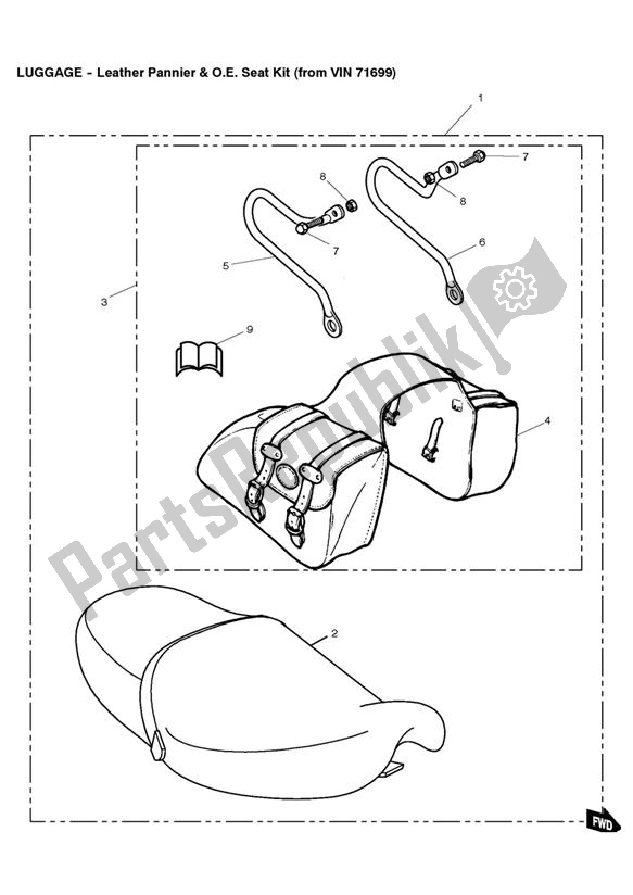 Alle onderdelen voor de Leather Pannier/o. E. Seat Kit (from Vin 71699) van de Triumph Thunderbird 885 1995 - 2003