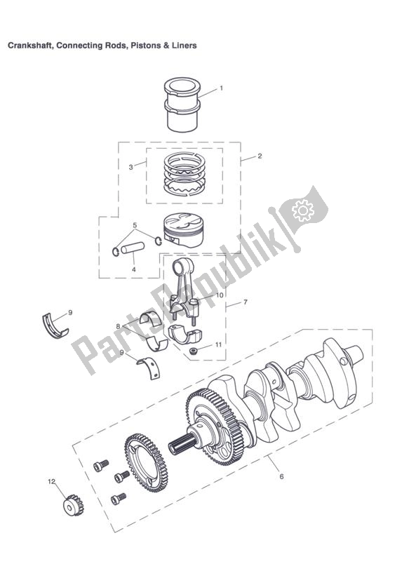 All parts for the Crankshaft, Connecting Rods, Pistons & Liners of the Triumph Tiger 1050 2007 - 2013