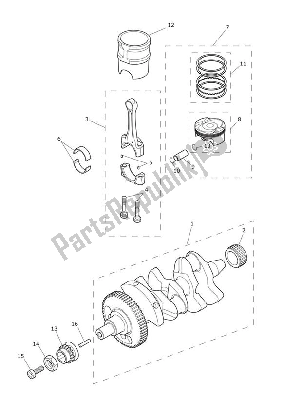 All parts for the Crankshaft, Connecting Rods, Pistons & Liners of the Triumph Tiger 800 2011 - 2015