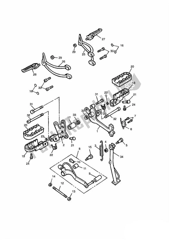 Alle onderdelen voor de Voetsteunen En Bevestigingen van de Triumph Tiger 885 Carburettor VIN: > 71698 1994 - 1998