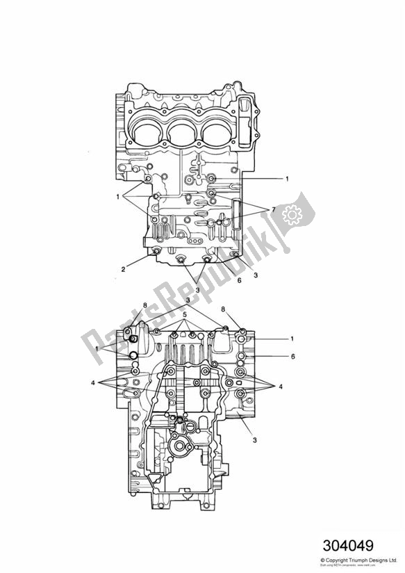 All parts for the Crankcase Fixings of the Triumph Tiger 955I VIN: 124106-198874 2002 - 2004