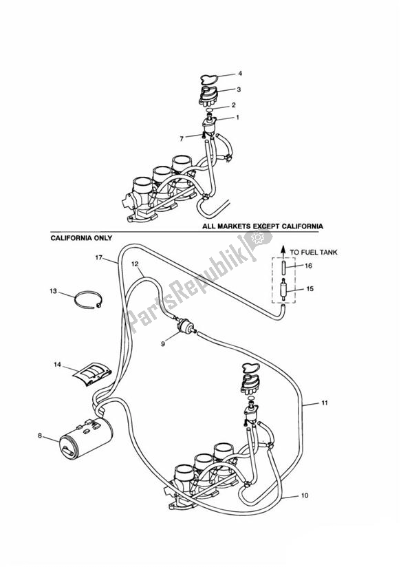 All parts for the Evaporative Loss Equipment of the Triumph Tiger 955I VIN: 124106-198874 2002 - 2004