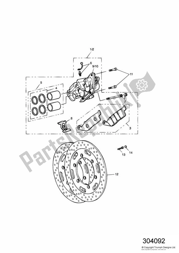 All parts for the Front Brake Caliper And Disc of the Triumph Tiger 955I VIN: 124106-198874 2002 - 2004