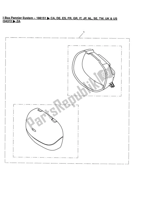 All parts for the 2 Box Pannier System - 186151 > Ca,de,es,fr,gr,it,jp,nl,se,tw,uk & Us 234372 >za of the Triumph Tiger 955I VIN: 198875 > 2005 - 2006