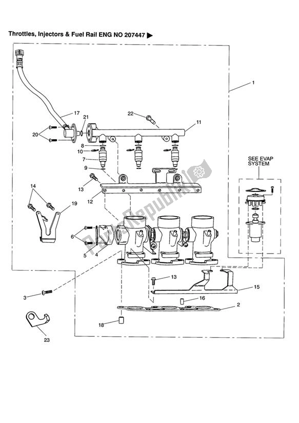 All parts for the Throttles, Injectors & Fuel Rail Eng No 207447 > of the Triumph Tiger 955I VIN: 198875 > 2005 - 2006