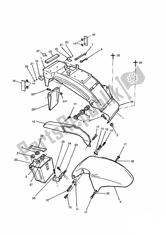 All parts for the Mudguards/chainguard/battery Box of the Triumph Trident 750 1992 - 1995