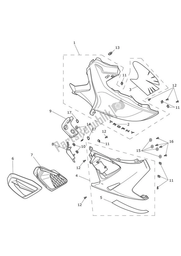 All parts for the Rh Side Fairings of the Triumph Trophy 1215 2013