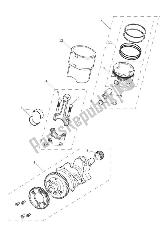 All parts for the Crankshaft, Connecting Rods, Pistons & Liners of the Triumph Trophy 1215 SE 2013