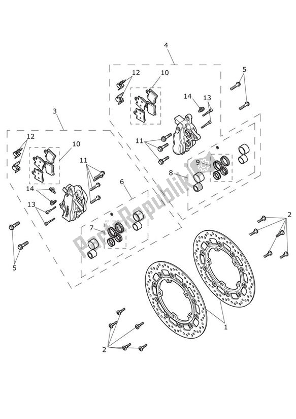 All parts for the Front Caliper & Discs of the Triumph Trophy 1215 SE 2013