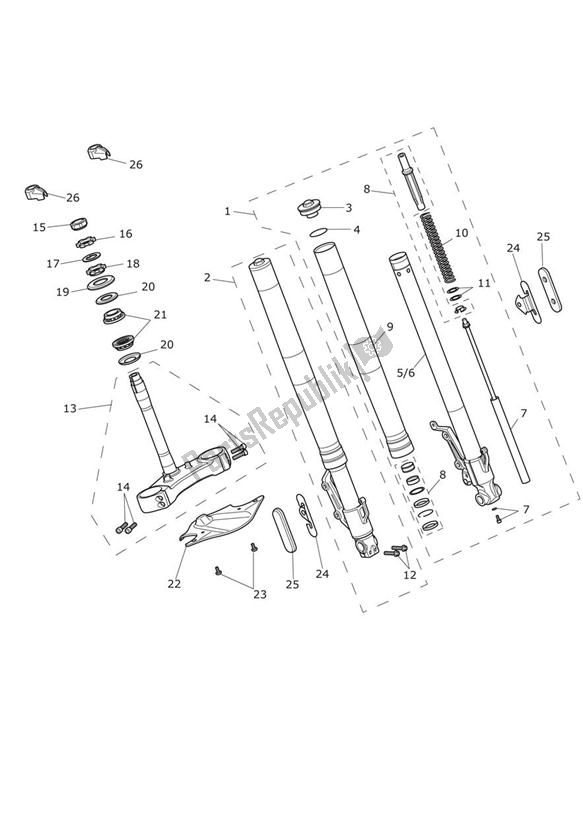 All parts for the Front Forks & Yokes of the Triumph Trophy 1215 SE 2013