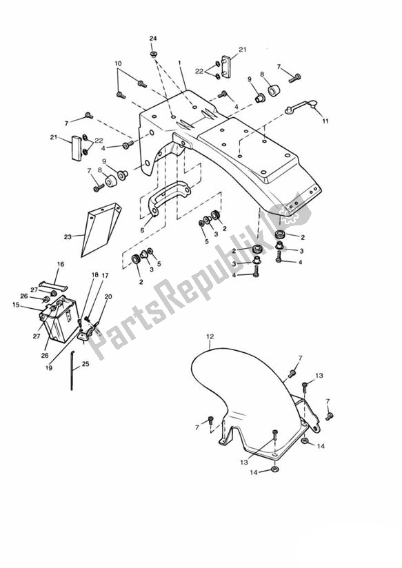 Alle onderdelen voor de Achterspatbord & Accubak van de Triumph Trophy VIN: 29156 > 1180 1996 - 2003