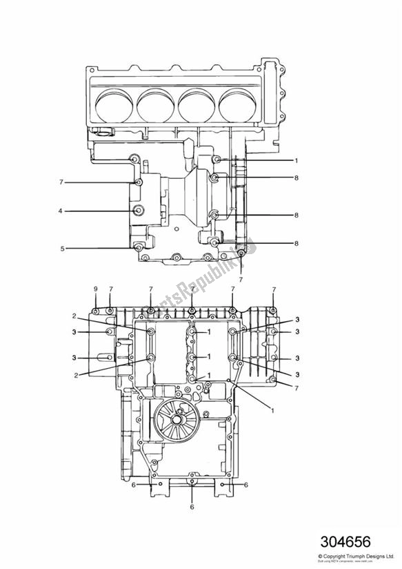 Alle onderdelen voor de Crankcase Fixings 4 Cylinder > 12657 van de Triumph Trophy VIN: > 29155 885 1992 - 1995