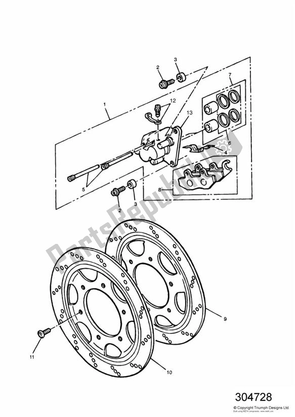 Todas las partes para Front Brake Caliper And Disc 4 Cyl Vin>4901, 3 Cyl Vin>9082, Not First Edition de Triumph Trophy VIN: > 29155 885 1992 - 1995