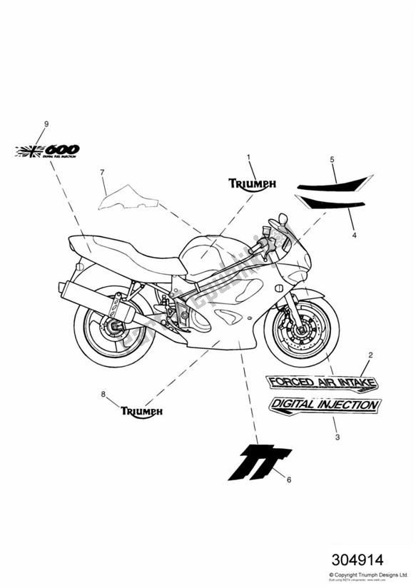 Alle onderdelen voor de Bodywork - Decals 111990 > > 115673 van de Triumph TT 600 2000 - 2003