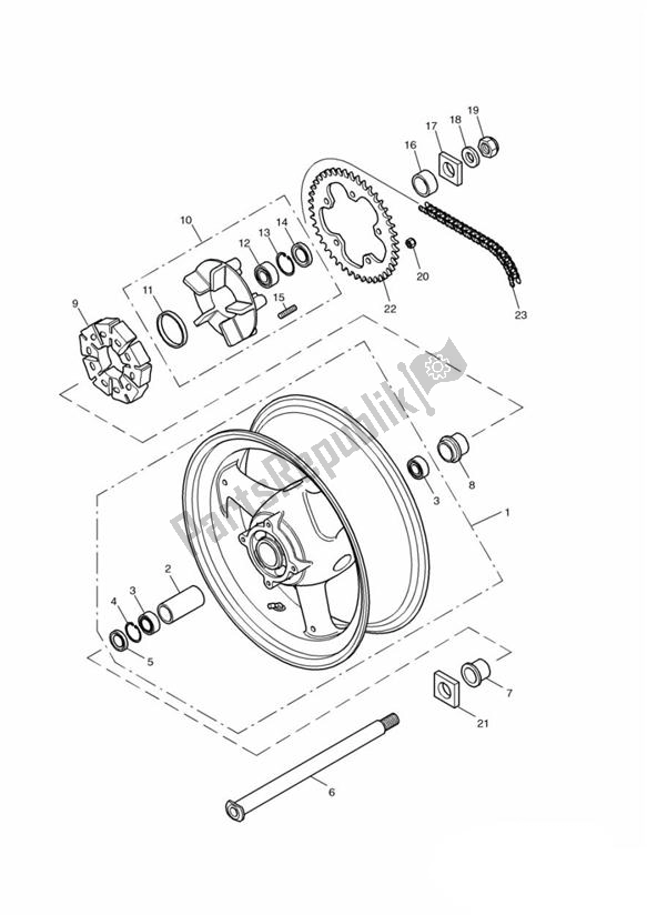 All parts for the Rear Wheel/final Drive of the Triumph TT 600 2000 - 2003