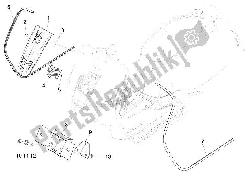 All parts for the Front Shield of the Vespa GTS Super 150 IE 4T 3V 2014