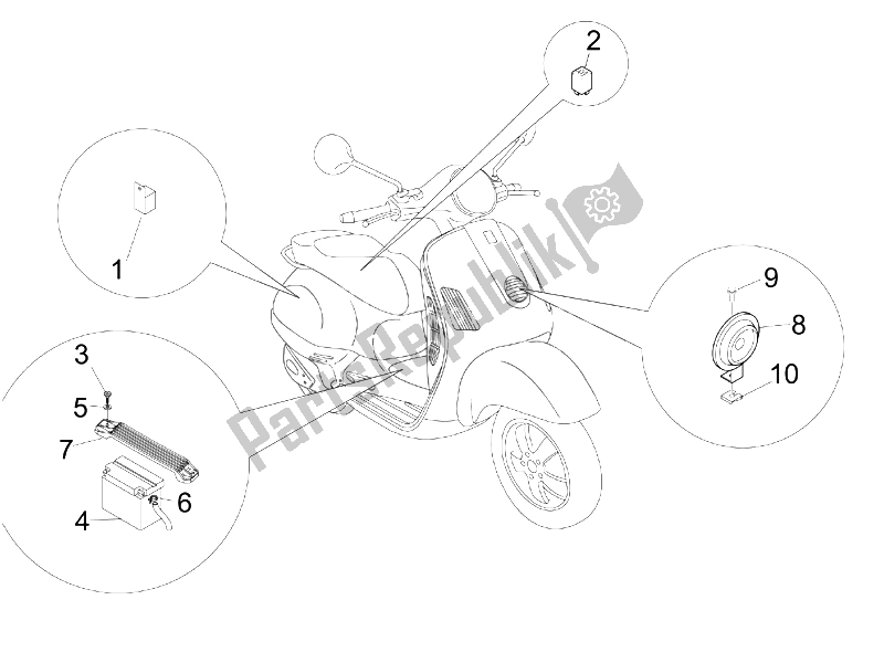 Tutte le parti per il Interruttori Del Telecomando - Batteria - Avvisatore Acustico del Vespa Granturismo 200 L UK 2005