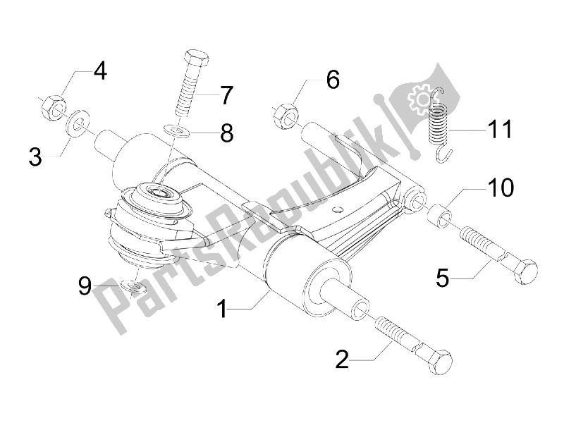 All parts for the Swinging Arm of the Vespa S 150 4T 2V E3 Taiwan 2011