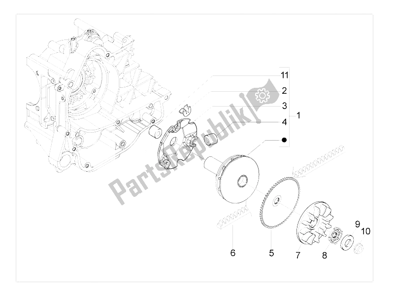 Alle onderdelen voor de Aandrijfpoelie van de Vespa LX 50 4T 4V Touring 2010