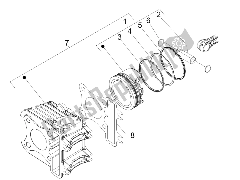 All parts for the Cylinder-piston-wrist Pin Unit of the Vespa LX 150 4T E3 2009