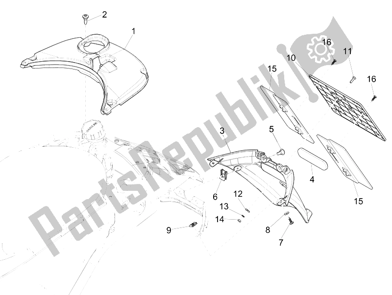 Toutes les pièces pour le Capot Arrière - Protection Contre Les éclaboussures du Vespa 150 4T 3V IE Primavera USA 2014