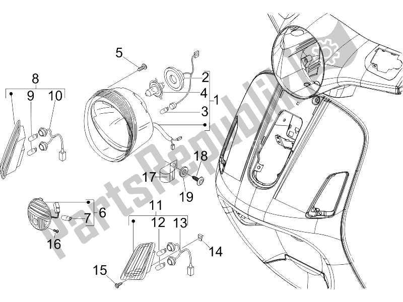 Toutes les pièces pour le Phares Avant - Clignotants du Vespa GTS 250 UK 2005