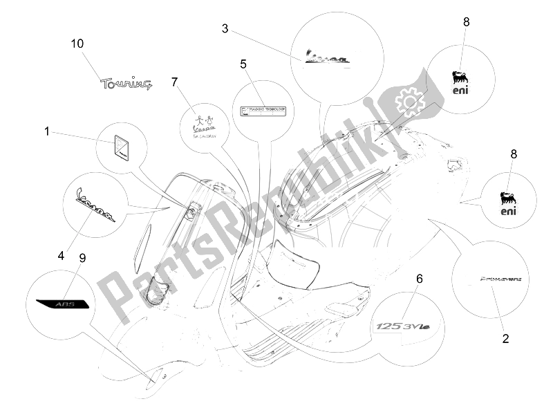 Tutte le parti per il Piatti - Emblemi del Vespa 125 4T 3V IE Primavera 2014