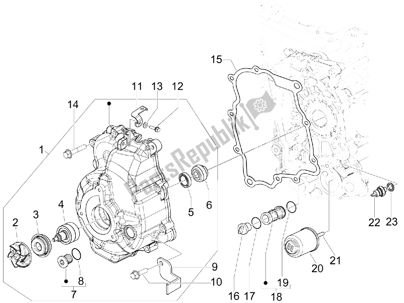 Toutes les pièces pour le Couvercle Magnéto Volant - Filtre à Huile du Vespa GTS 300 IE Super USA 2009