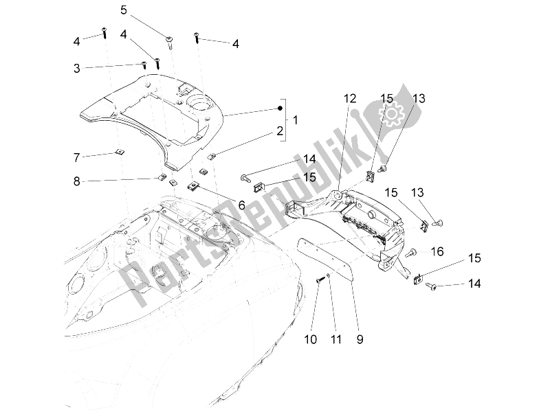 Toutes les pièces pour le Capot Arrière - Protection Contre Les éclaboussures du Vespa Vespa S 125 4T 3V E3 IE Asia 2012