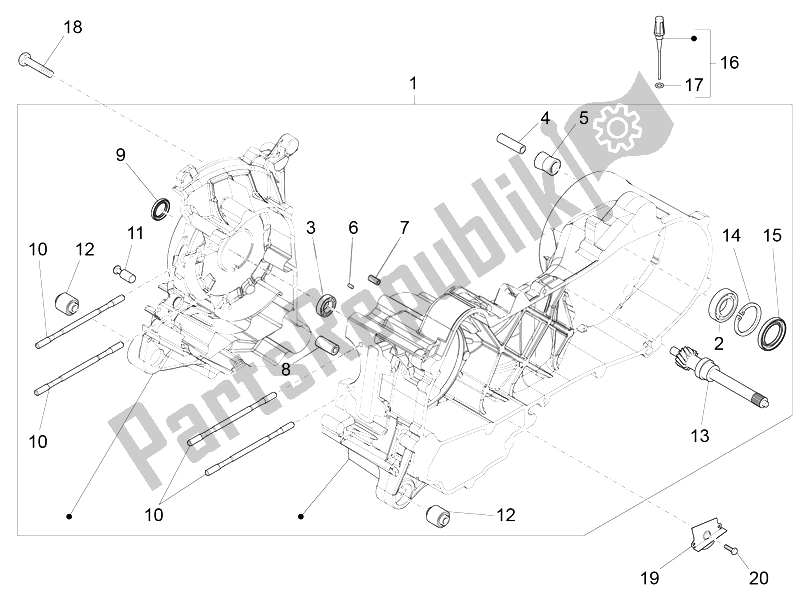 All parts for the Crankcase of the Vespa Vespa Primavera 50 4T 2V 25 KMH EU 2014