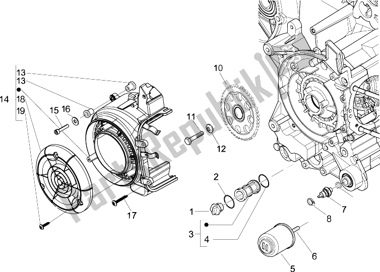 Tutte le parti per il Coperchio Magnete Volano - Filtro Olio del Vespa S 125 4T IE E3 College 2009