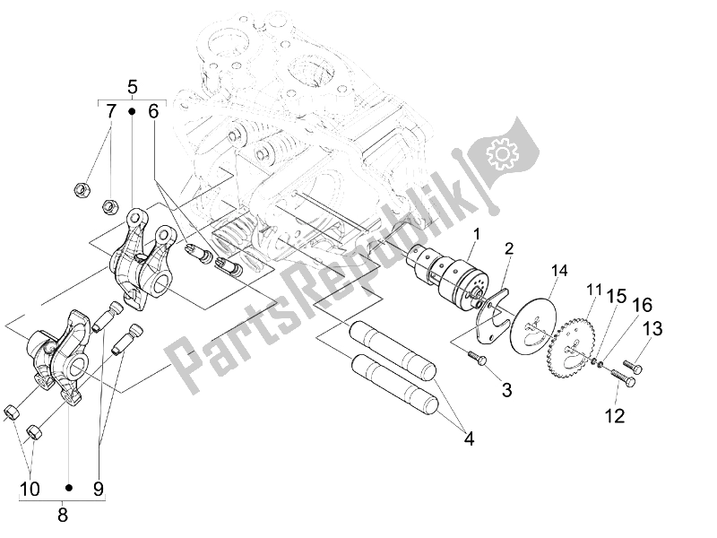 All parts for the Rocking Levers Support Unit of the Vespa GTS 125 4T E3 UK 2007