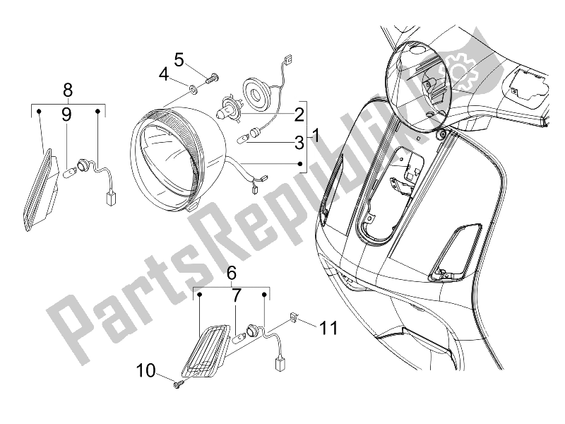 All parts for the Front Headlamps - Turn Signal Lamps of the Vespa LX 150 4T E3 2009