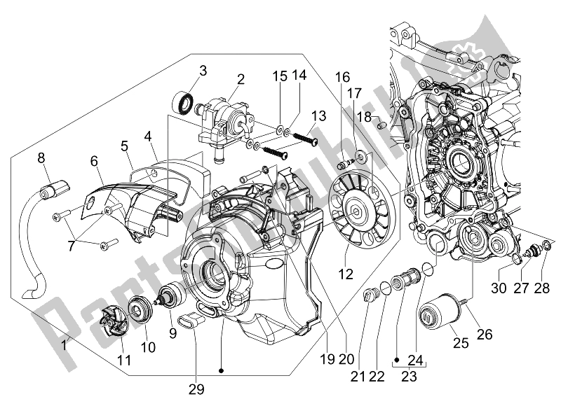 All parts for the Flywheel Magneto Cover - Oil Filter of the Vespa GTS 125 4T E3 UK 2007