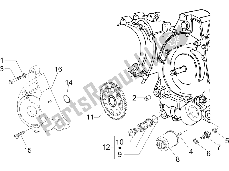 Toutes les pièces pour le Couvercle Magnéto Volant - Filtre à Huile du Vespa LX 150 4T 2006