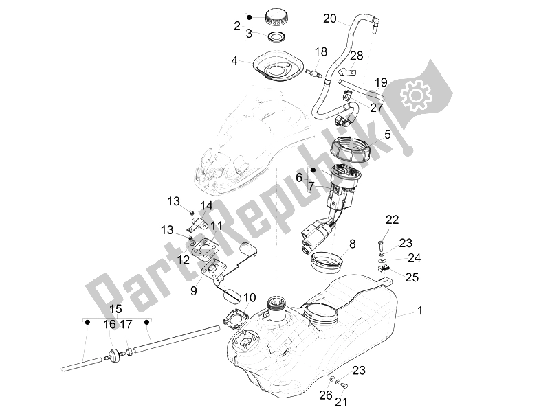 All parts for the Fuel Tank of the Vespa Vespa 946 150 4T 3V ABS Armani Asia 2015