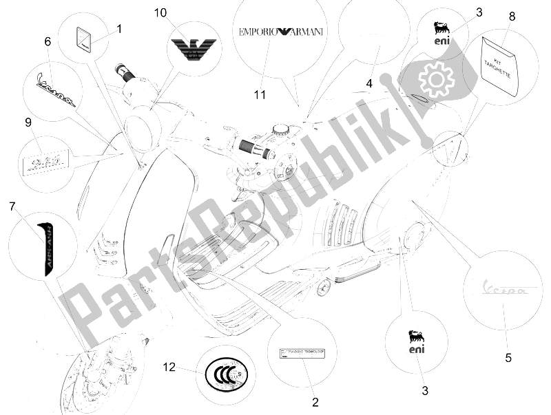 Toutes les pièces pour le Plaques - Emblèmes du Vespa 946 150 4T 3V ABS Armani Asia 2015