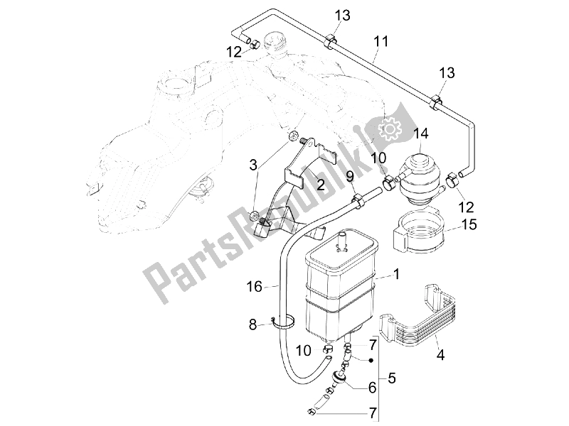 All parts for the Anti-percolation System of the Vespa GTS 300 IE USA 2009