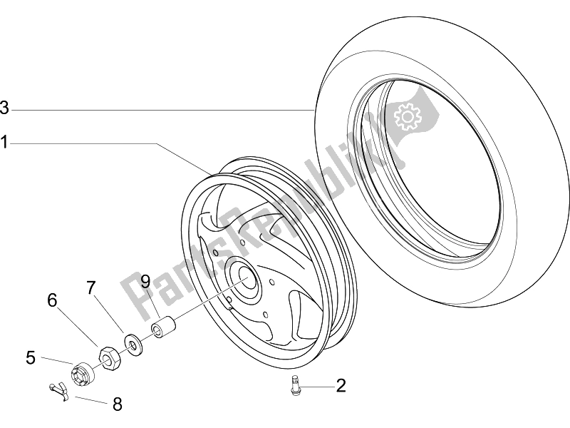 All parts for the Rear Wheel of the Vespa LX 150 4T IE E3 2009