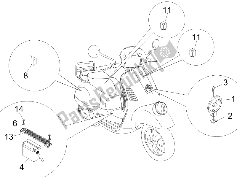 Todas las partes para Interruptores De Control Remoto - Batería - Bocina de Vespa GTV 125 4T E3 UK 2006