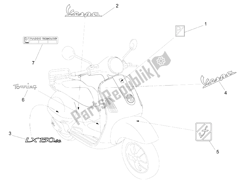 Tutte le parti per il Piatti - Emblemi del Vespa LX 150 4T IE Touring 2010