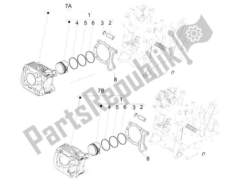 All parts for the Cylinder-piston-wrist Pin Unit of the Vespa S 125 4T 3V E3 IE Vietnam 2012