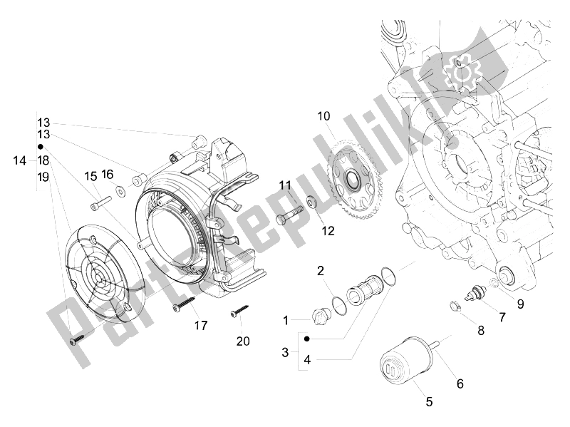 Toutes les pièces pour le Couvercle Magnéto Volant - Filtre à Huile du Vespa LX 150 4T IE Touring 2010