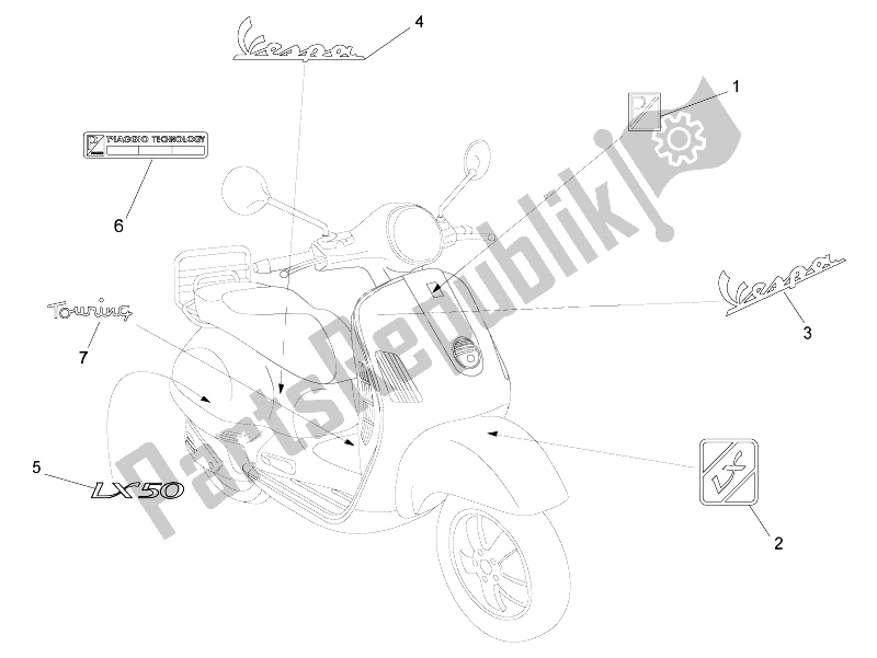 Tutte le parti per il Piatti - Emblemi del Vespa LX 50 2T E2 Touring 30 KMH 2010