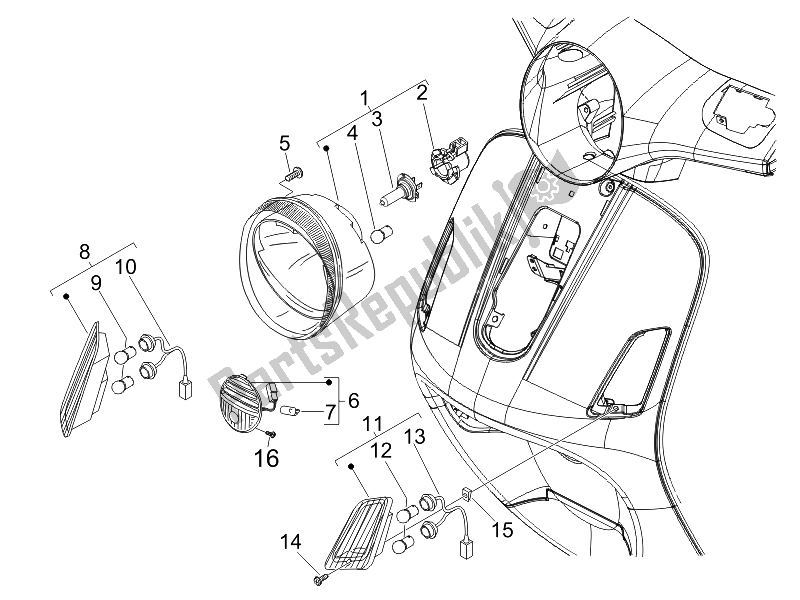 All parts for the Front Headlamps - Turn Signal Lamps of the Vespa GTS 125 4T E3 UK 2007