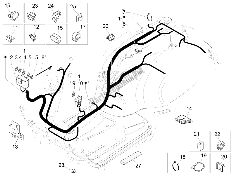 All parts for the Main Cable Harness of the Vespa GTS Super 150 IE 4T 3V 2014