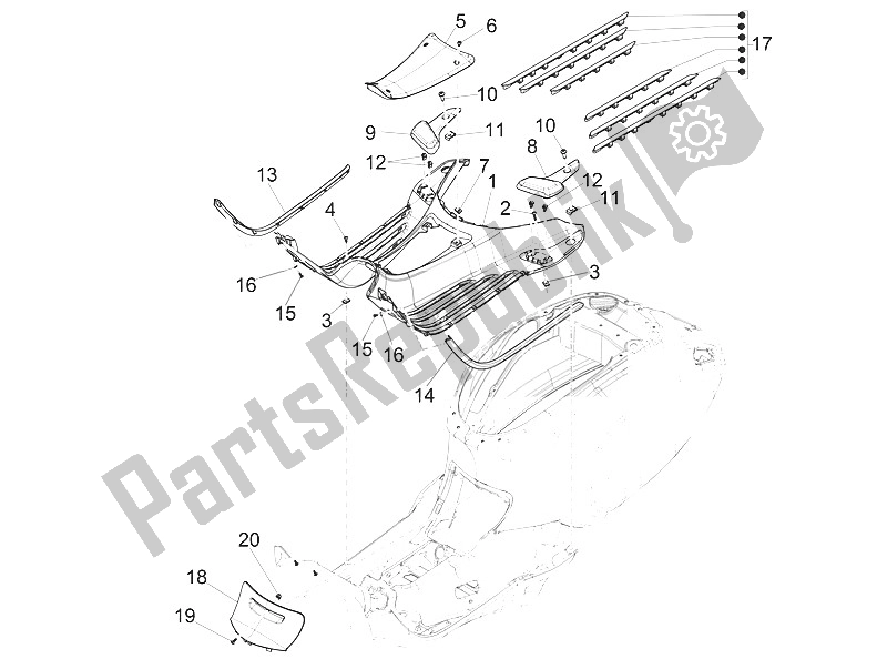 Alle onderdelen voor de Centrale Afdekking - Voetsteunen van de Vespa Vespa 125 4T 3V I GET IE Primavera Asia 2016