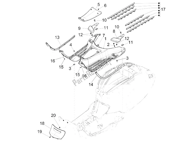 All parts for the Central Cover - Footrests of the Vespa Vespa Primavera 125 4T 3V Iget ABS EU 2016